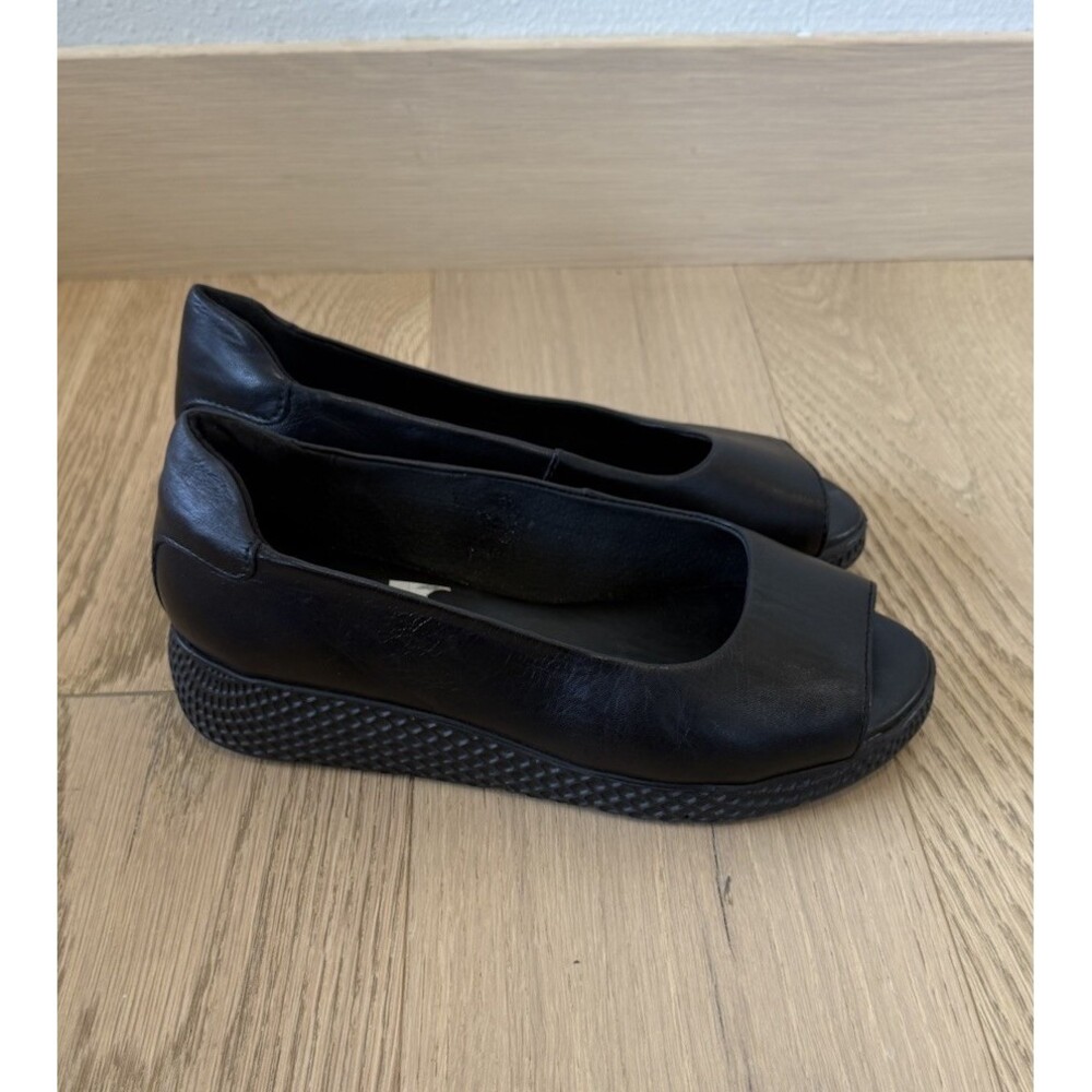 Saydo Women’s 37 6 Black Leather Platform Slip On Shoes Open Toe Low Comfortable